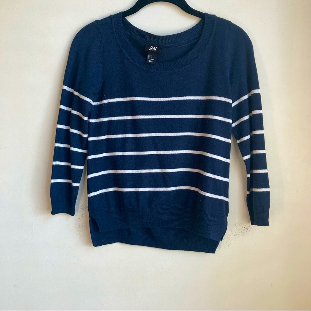 H&M Navy Striped Sweater 3/4 Sleeve Knit Top